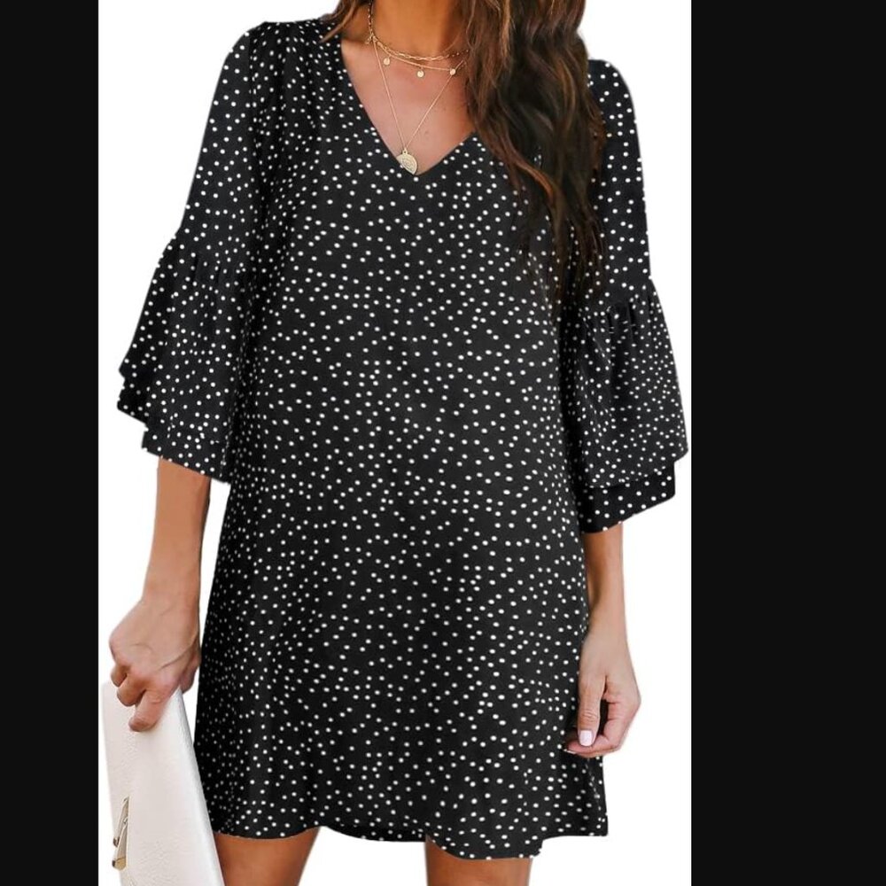 (L) NWT V-Neck, 3/4 Bell Sleeve, B&W Polka-dot, Mini Shift Dress - Picture 1 of 3
